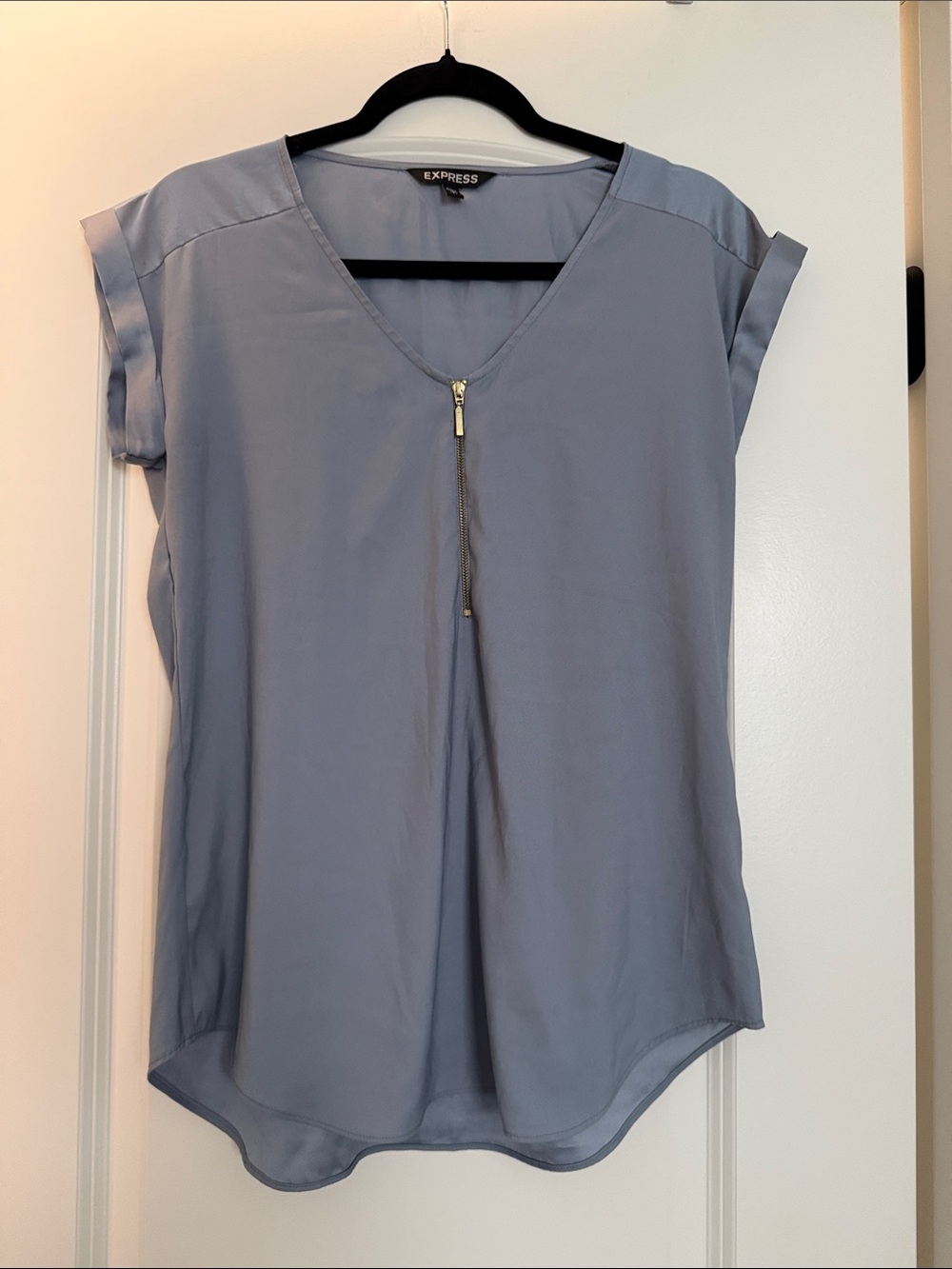 Express Light Blue V-Neck Blouse with Front Zip